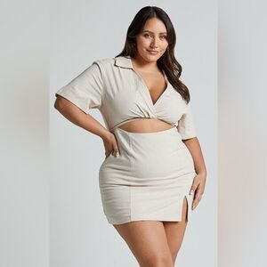 Showpo MARSHA MINI DRESS - CUT OUT SHORT SLEEVE DRESS IN NATURAL